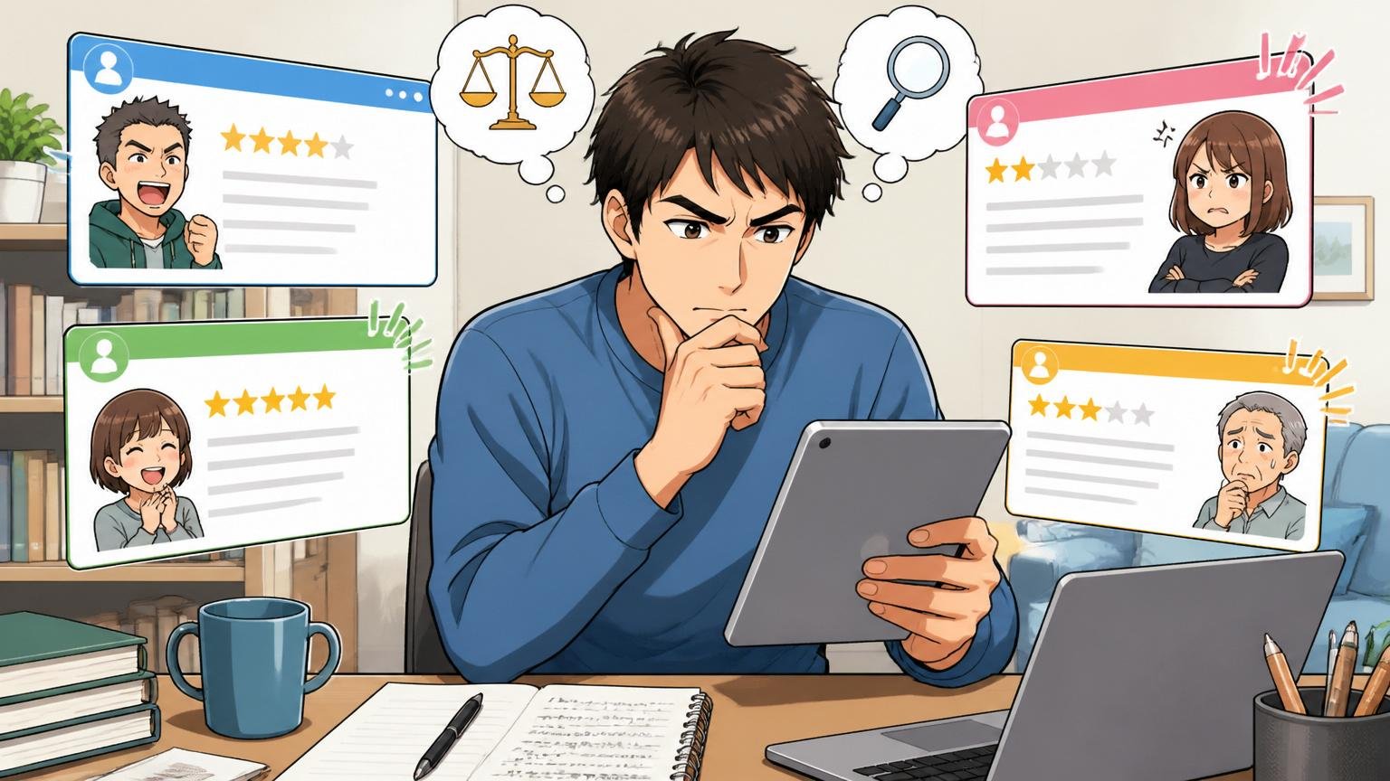 口コミの偏りを理解するシーン。自宅のデスクで30代男性が複数の口コミサイトを冷静に読み比べる