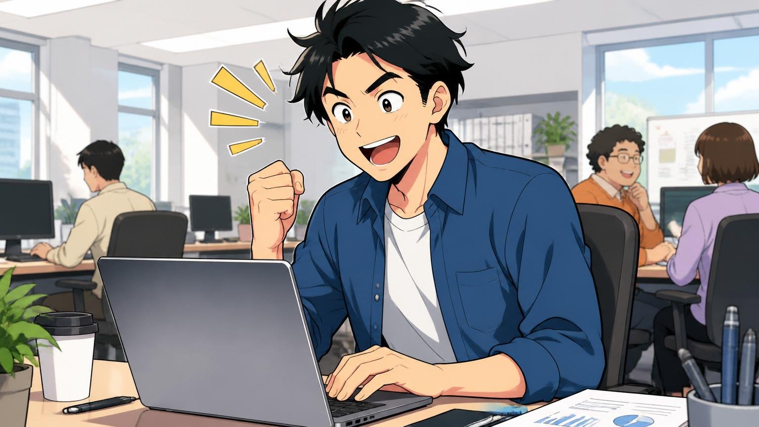 企業のオフィスで30代エンジニア1人がノートPCで転職エージェントに無料登録、希望に満ちた表情