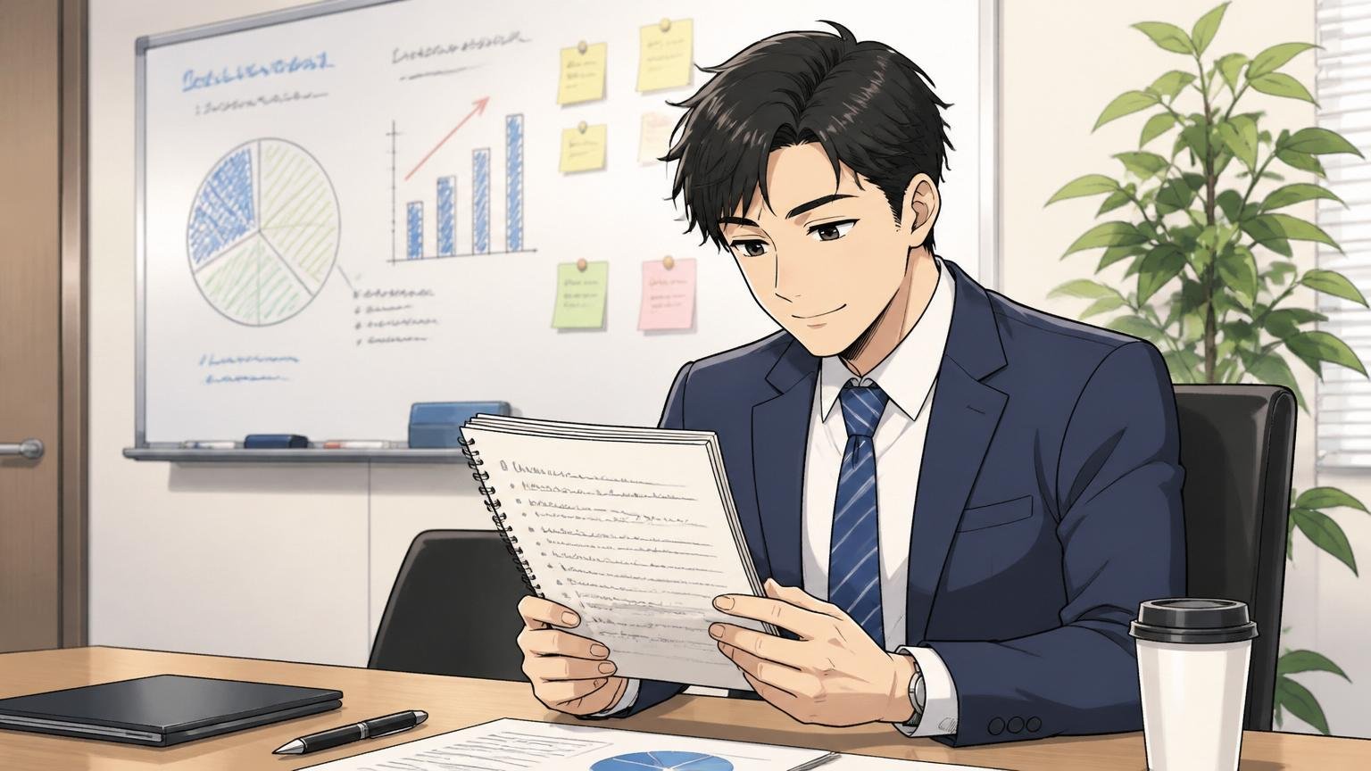 企業の会議室で30代男性社員1人が穏やかな表情で結論をまとめたメモを見つめる