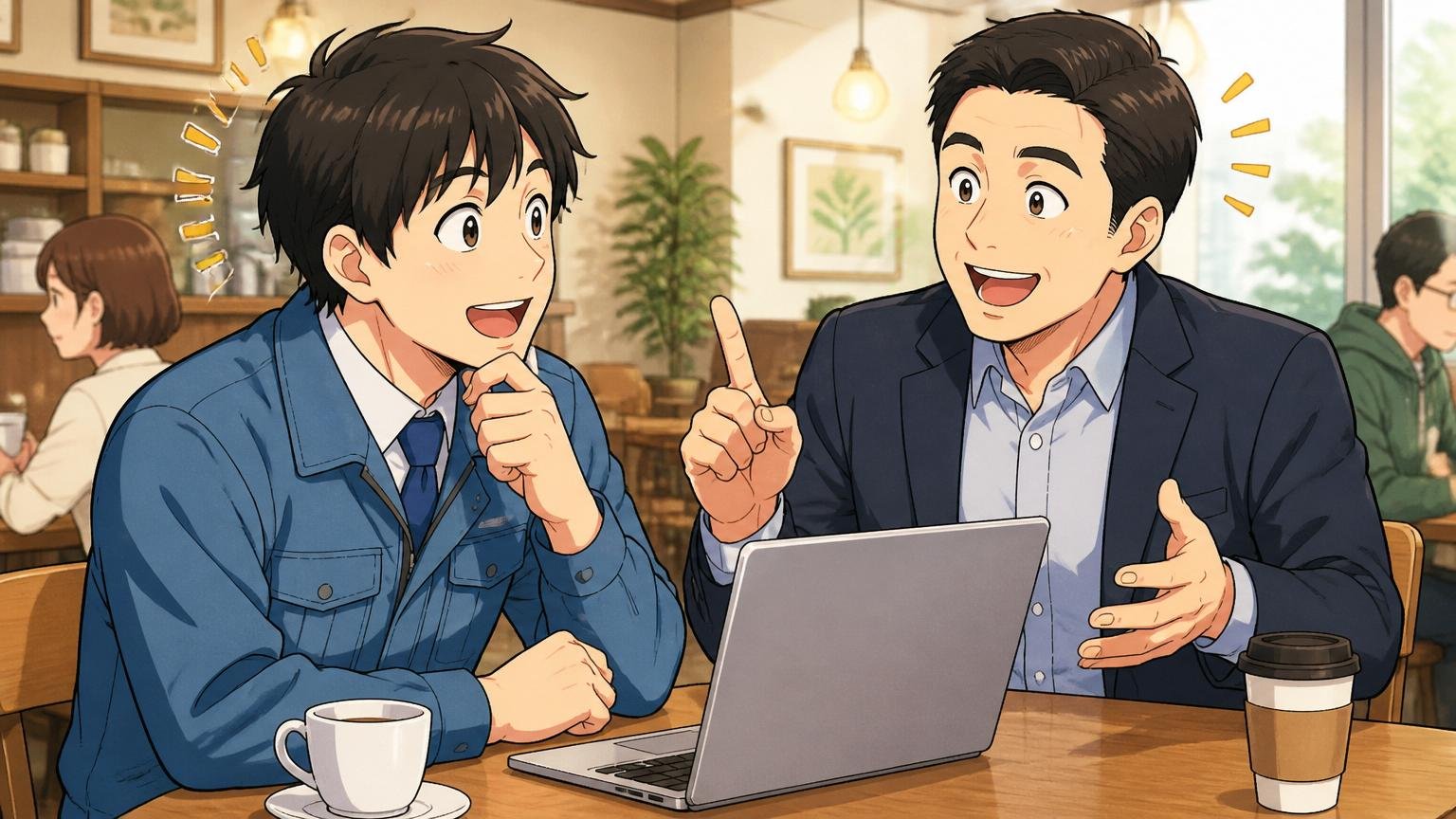 保守経験しかない人でも転職できる｜カフェで男性アドバイザーが男性CEに笑顔で説明する様子