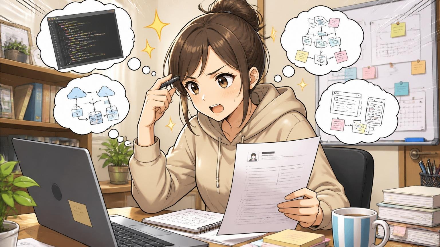 自宅のデスクで職務経歴書を書きながらスキルを棚卸しする30代女性エンジニア