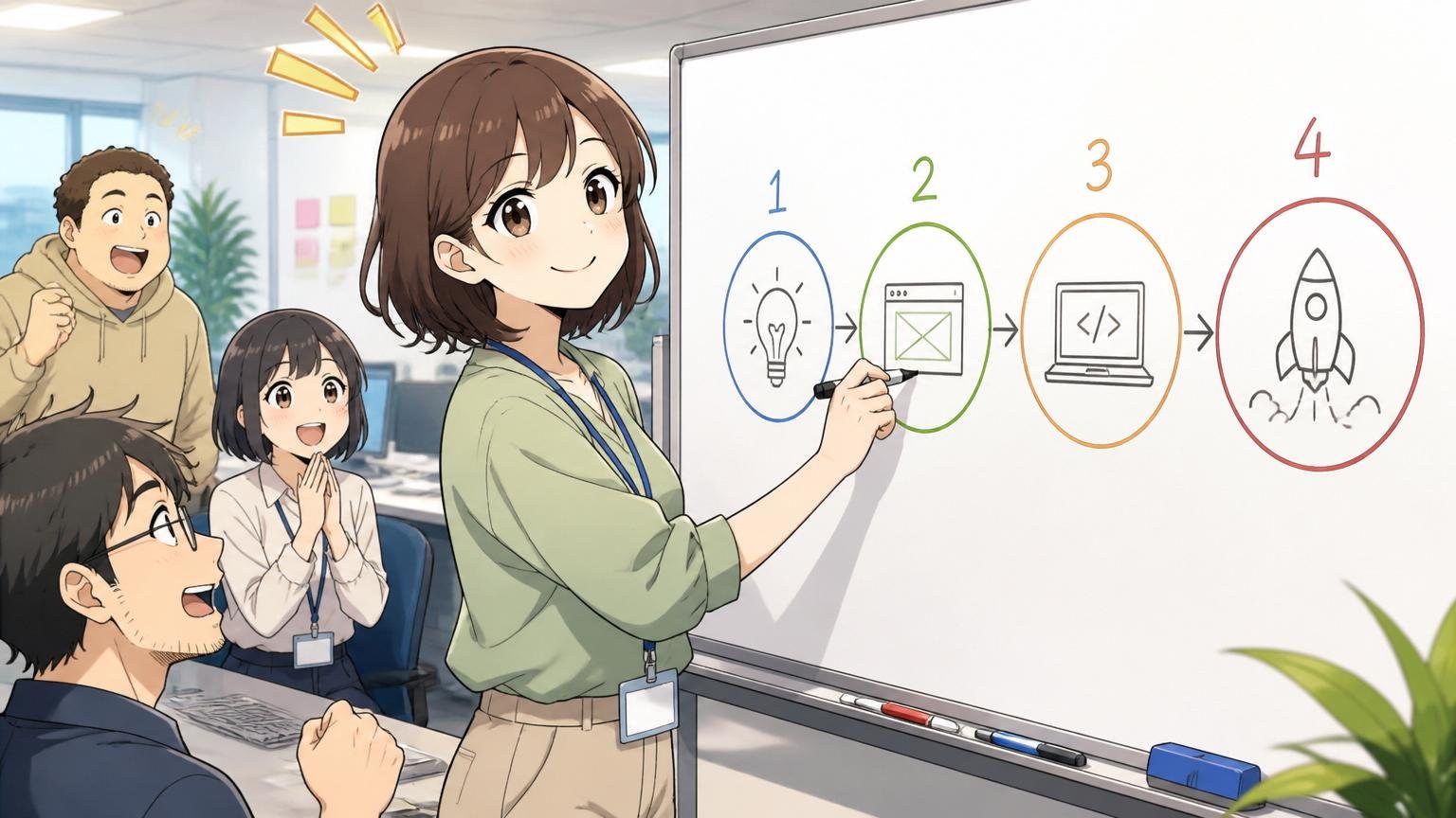 Web系オフィスで30代女性エンジニアがホワイトボードに4つのステップを描きながら満足げな表情を浮かべている