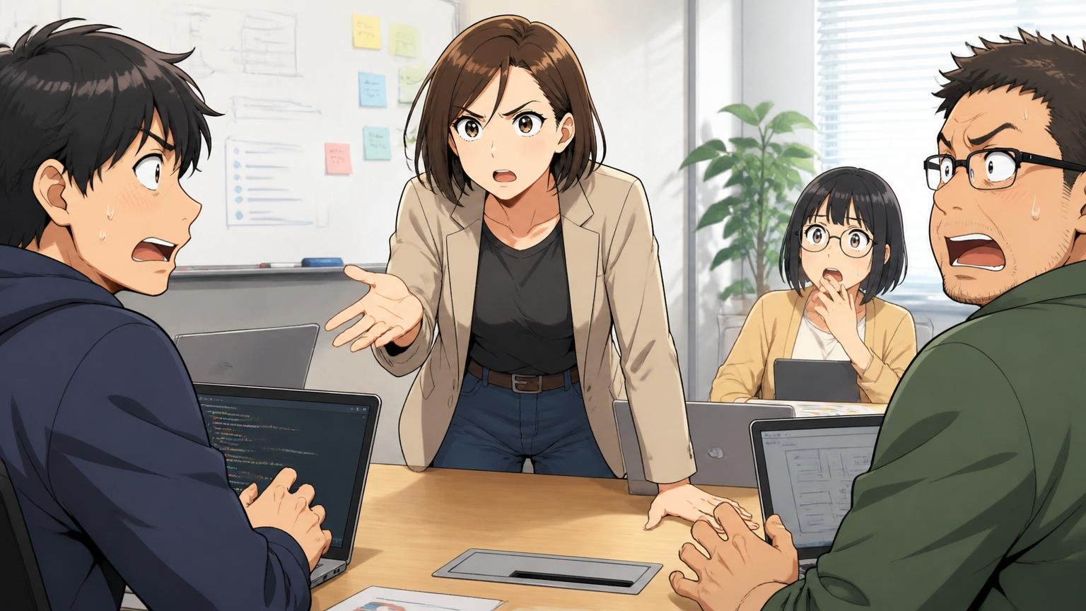 Q：本当にブラック企業ですか？。Web系企業の会議室で30代女性エンジニア1名が真剣な表情で疑問を投げかける場面