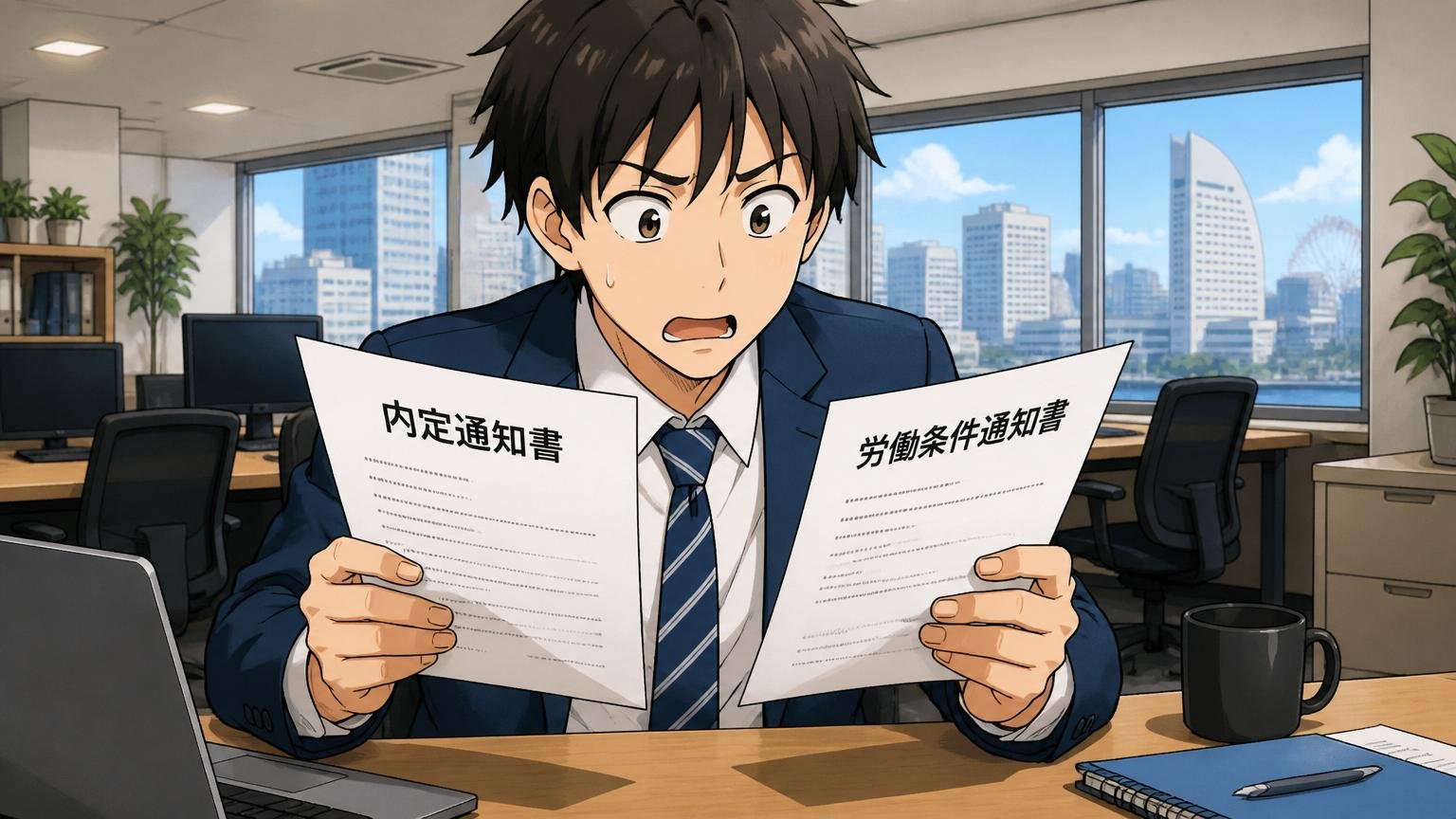 横浜のIT企業オフィスで内定通知書と労働条件通知書を見比べる新卒2年目の20代男性社員1人