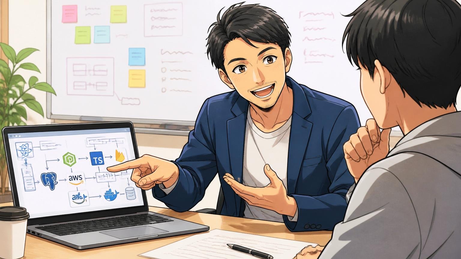 Web系スタートアップ向けの面談ルームでIT特化型エージェントの担当者が技術スタックを深掘りしながら説明する30代男性キャリアアドバイザー