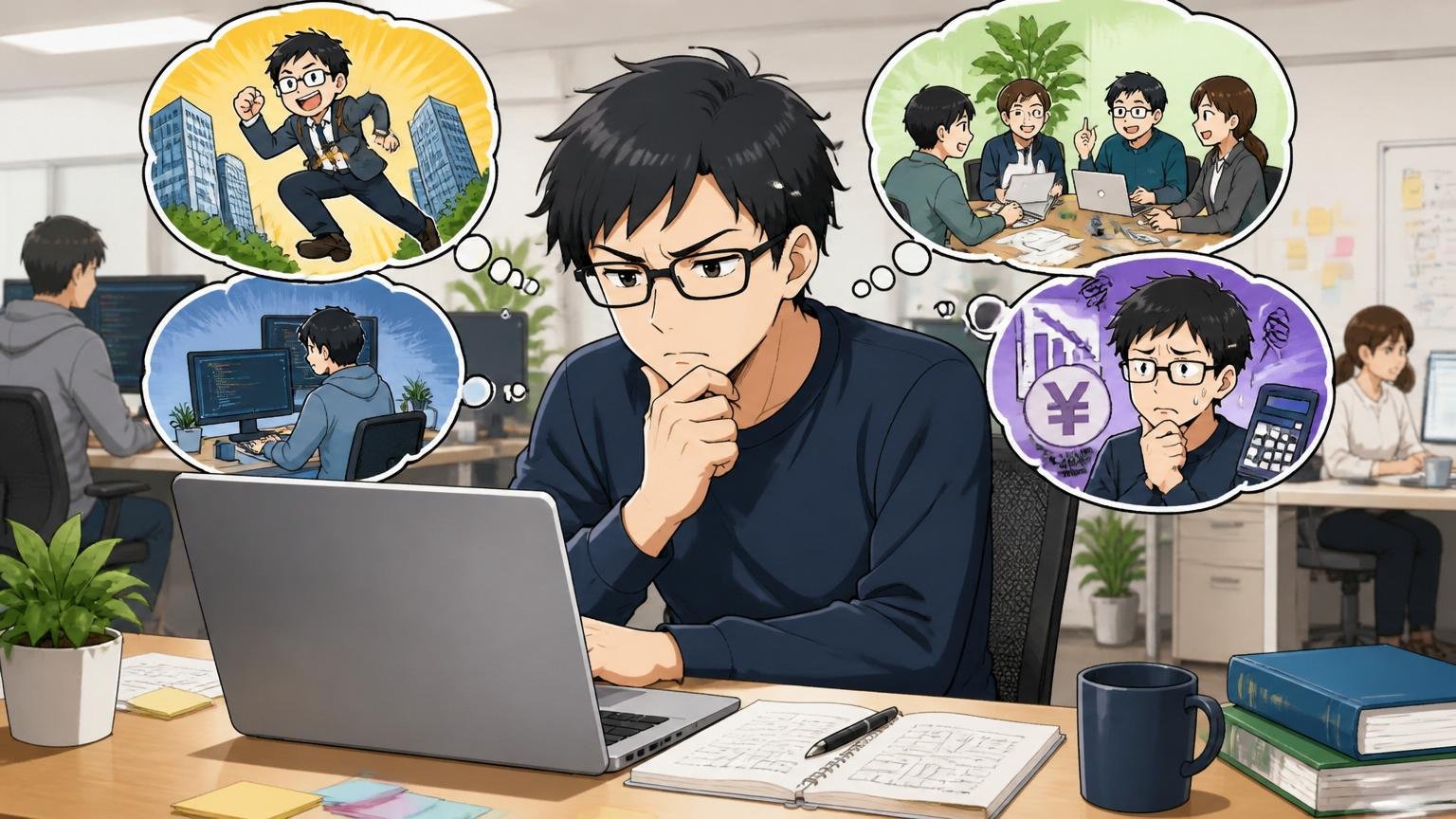 「転職するか／残るか」を決める前にやること。Web系企業のオフィスで30代エンジニア1人が冷静にPCで情報整理する