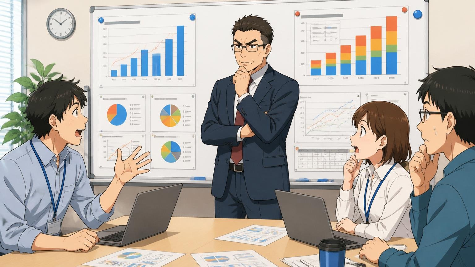 オフィスの会議室でホワイトボードに整理された企業データを前に冷静に分析する管理職とエンジニアたちの会話