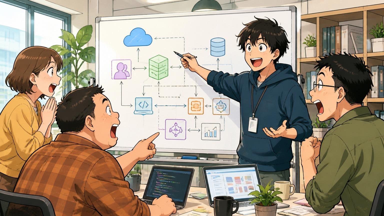Web系スタートアップのオフィスでエージェントが技術の図解を見せながら詳しく説明している場面