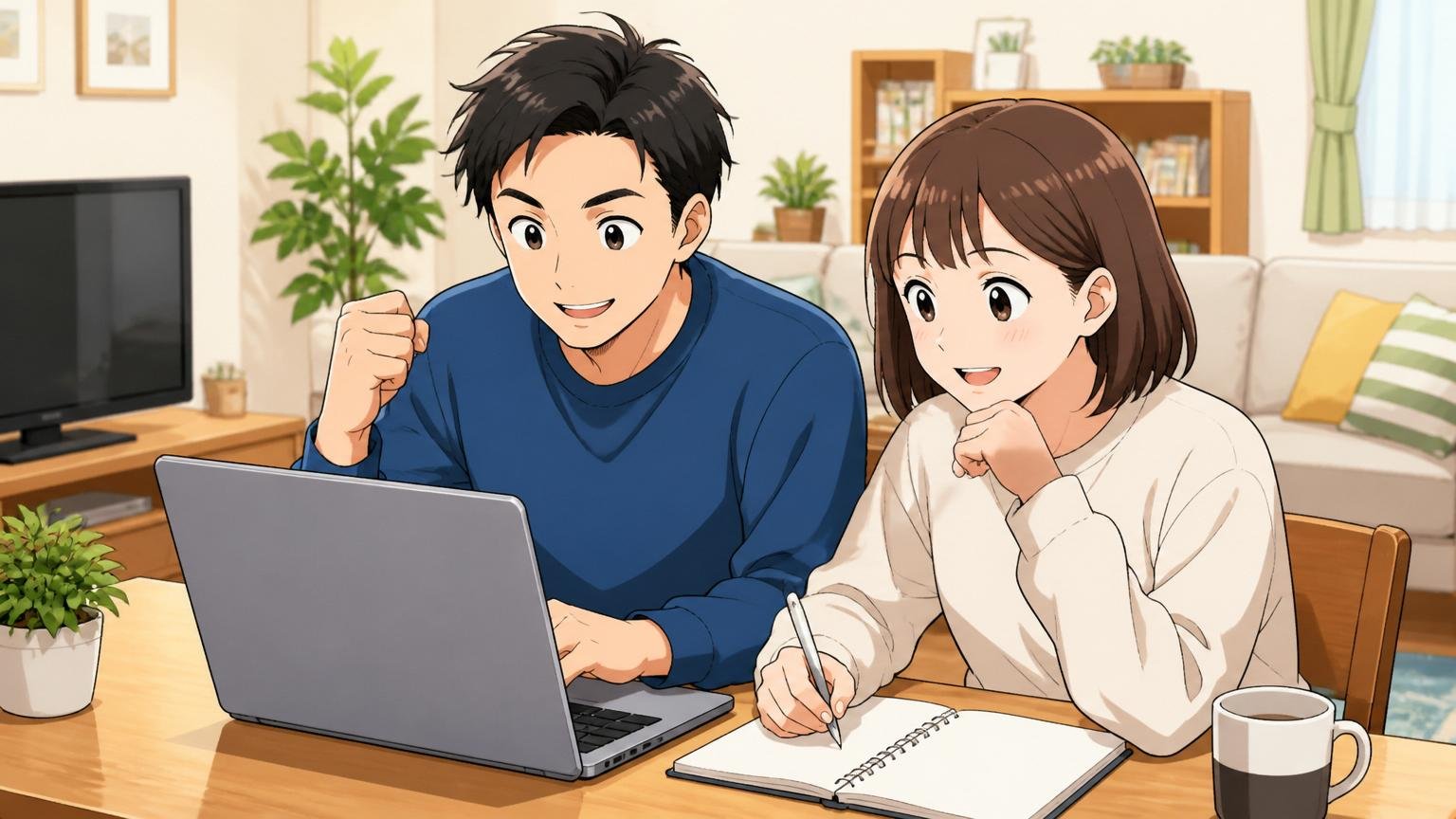 今日できる、たった1つの行動。自宅のリビングで男性社員1人と女性社員1人が穏やかな表情でノートPCに向かい次のキャリアの一歩を踏み出している
