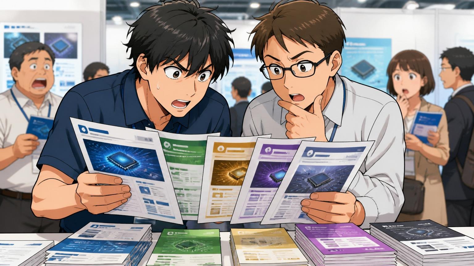 他の半導体商社との違い 業界ブースでエンジニア2人が複数社の資料を比較する