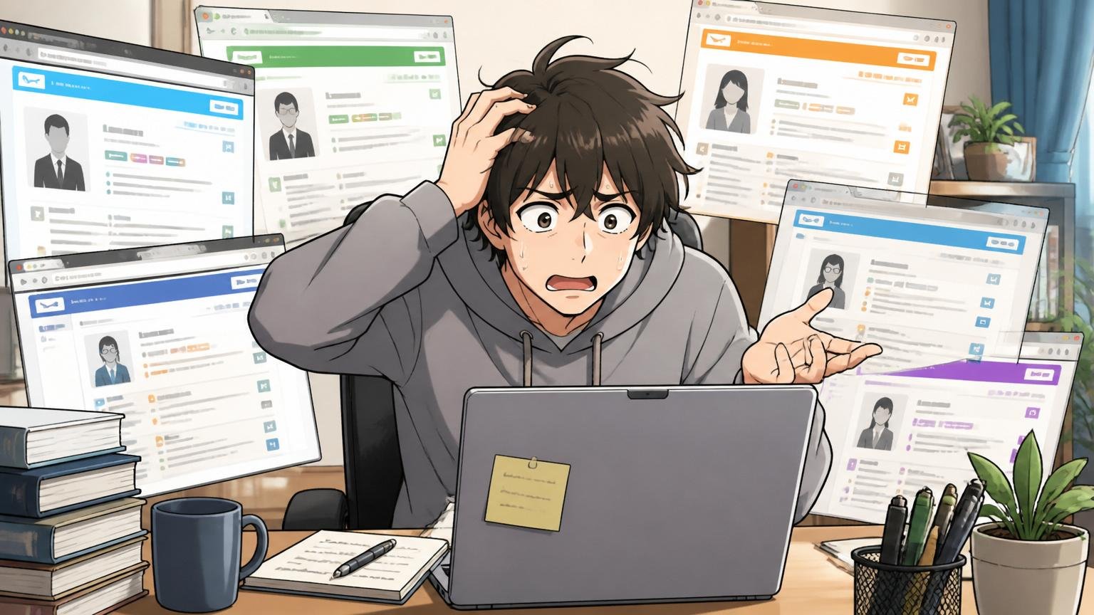 複数社登録は前提で1社丸投げはNG。自宅のデスクでエンジニアが複数のエージェントサイトを開きながら戸惑う場面