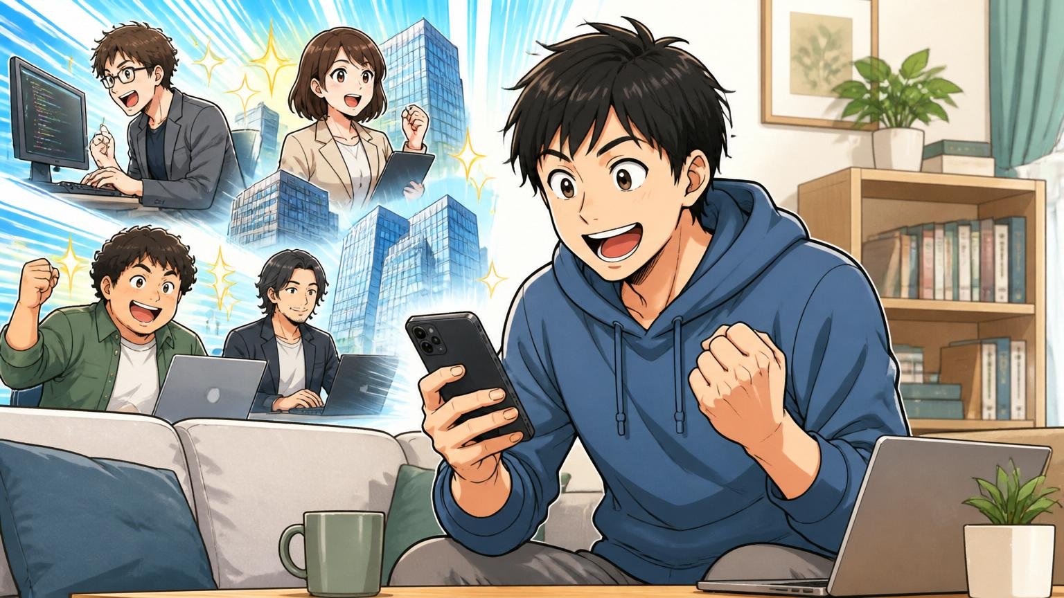 「まず無料で自分の市場価値を知ることから始めよう」自宅でスマホから転職エージェントに登録する男性エンジニア
