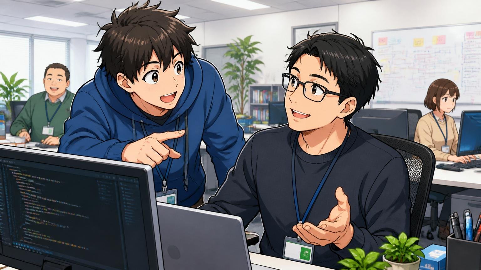 よくある質問。IT企業のオフィスで若手の男性エンジニアが先輩社員に身を乗り出して質問し、先輩が笑顔で答える