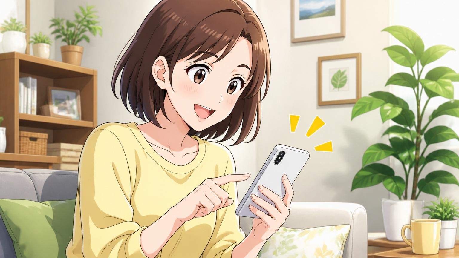 スマホでエージェントの無料相談を予約する瞬間の場面。自宅でリラックスした30代女性がスマホ画面をタップして微笑む。1人のシーン