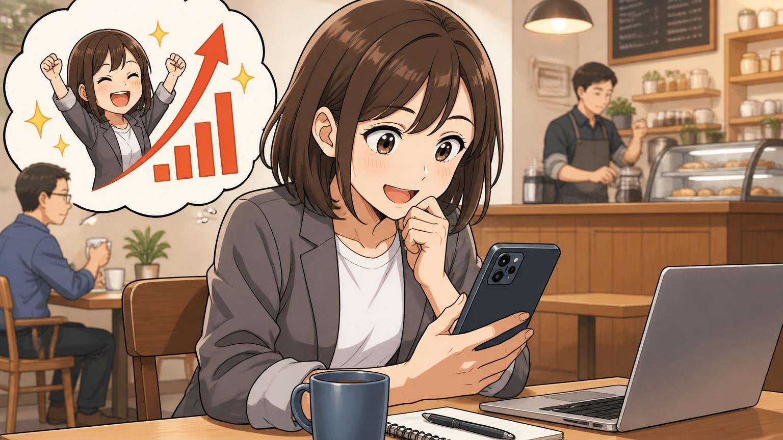 カフェでスマホのスカウトメールをチェックしながら市場価値を確認する30代女性エンジニア