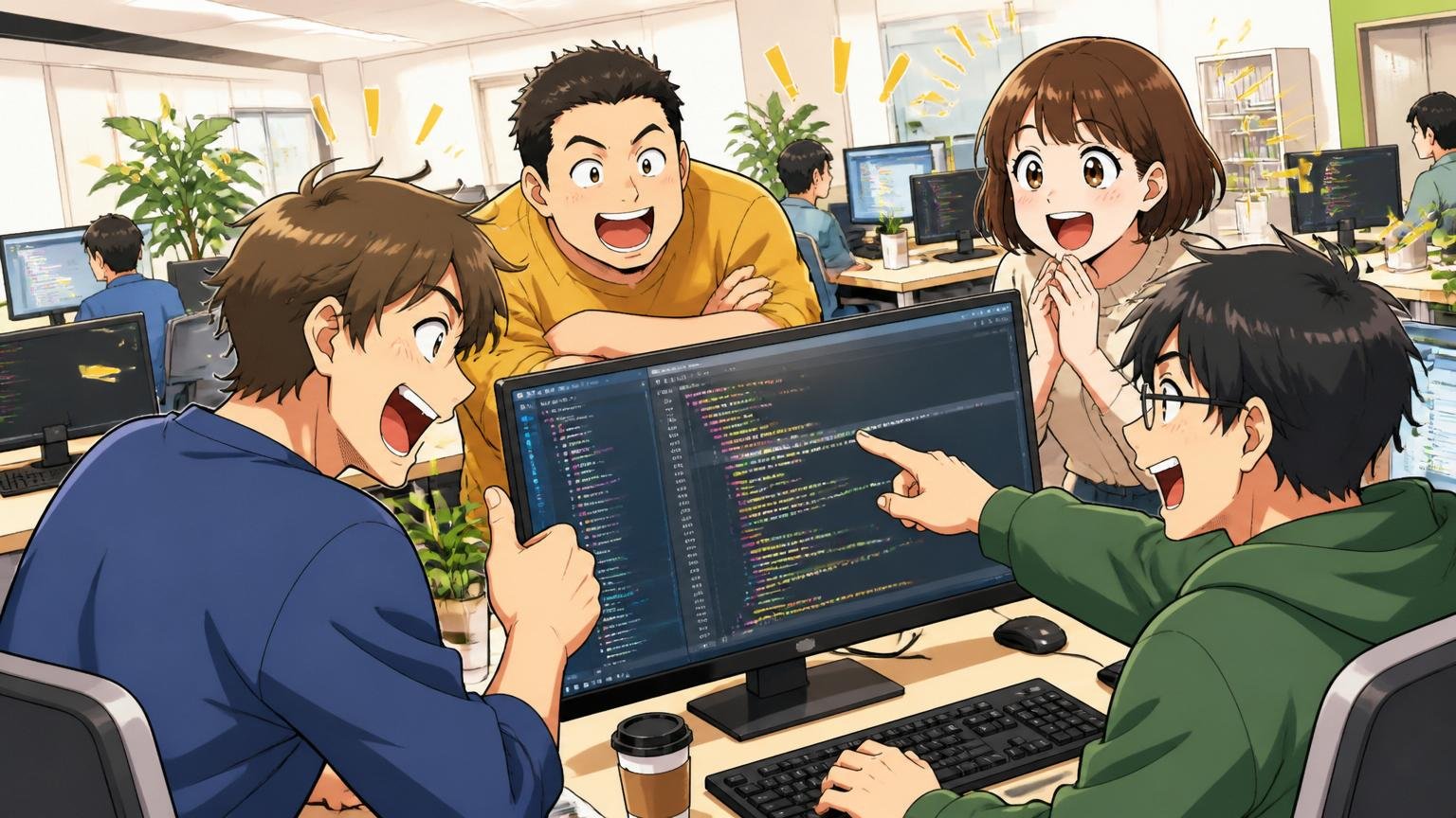 Web系自社開発企業のフリーアドレスのオフィスで複数のエンジニアがコードレビューを楽しそうに行う様子