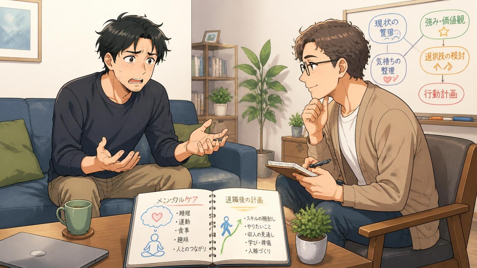 自宅のリビングでカウンセラーと話す30代エンジニア1人、メンタルケアと退職後計画を整理