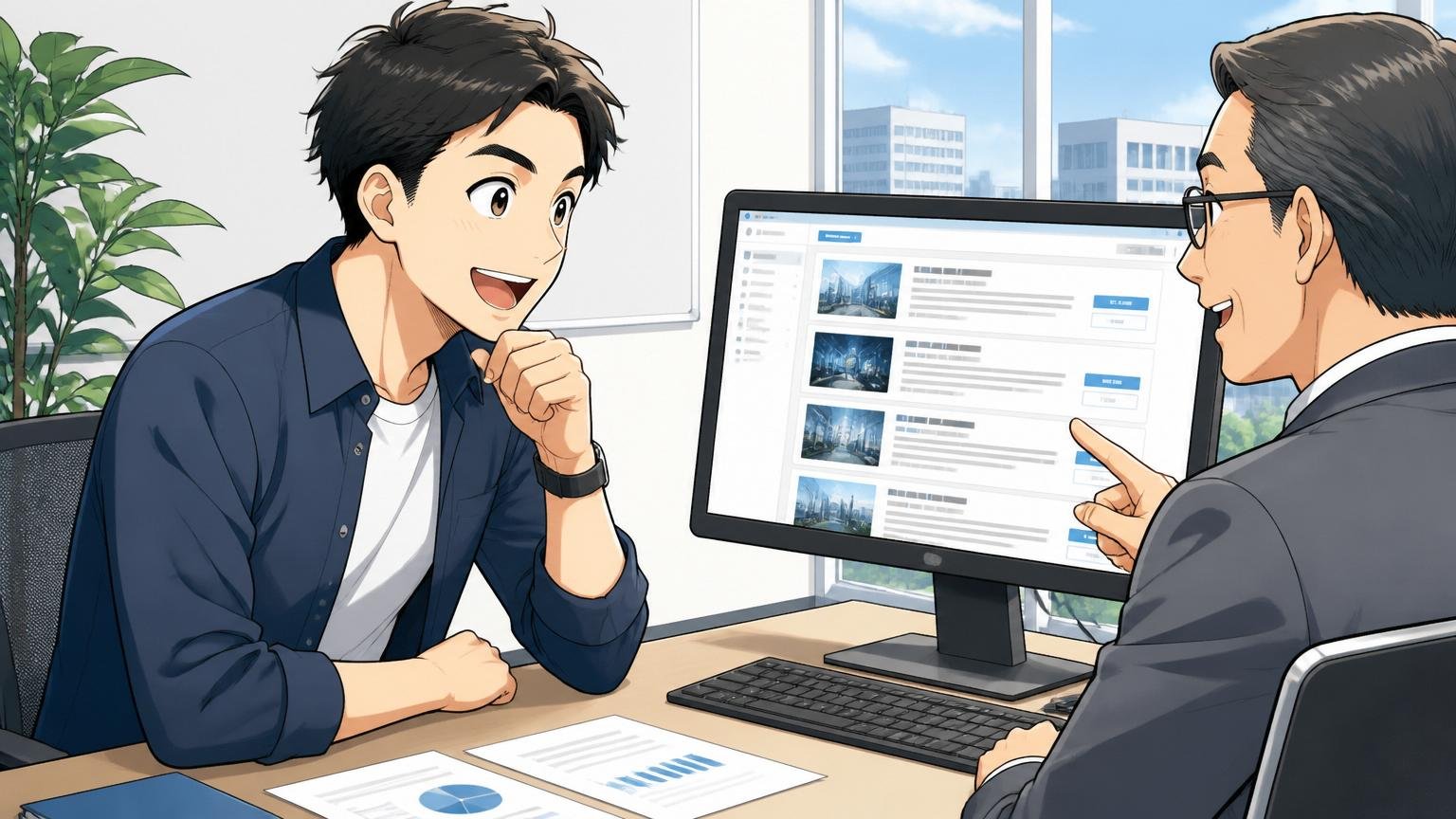 企業の会議室で経験豊富なキャリアアドバイザーと面談する30代男性エンジニア1人、PCモニターで求人を見ながら前向きな表情