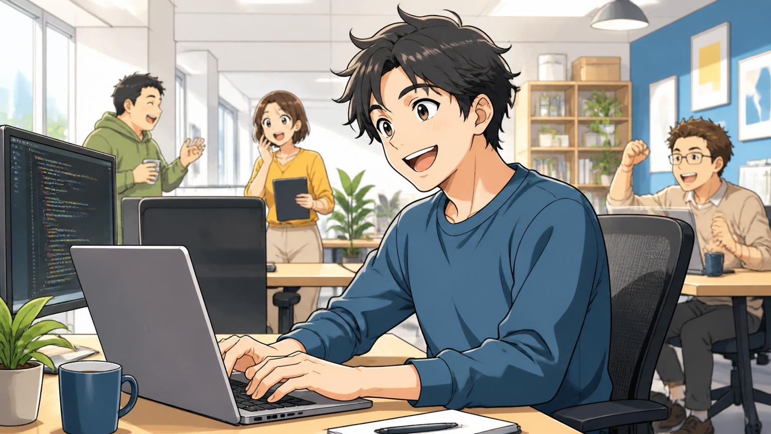 Web系企業のオフィスで充実した表情で働く30代男性エンジニア1人。1年後の理想の働き方を象徴する明るい職場環境