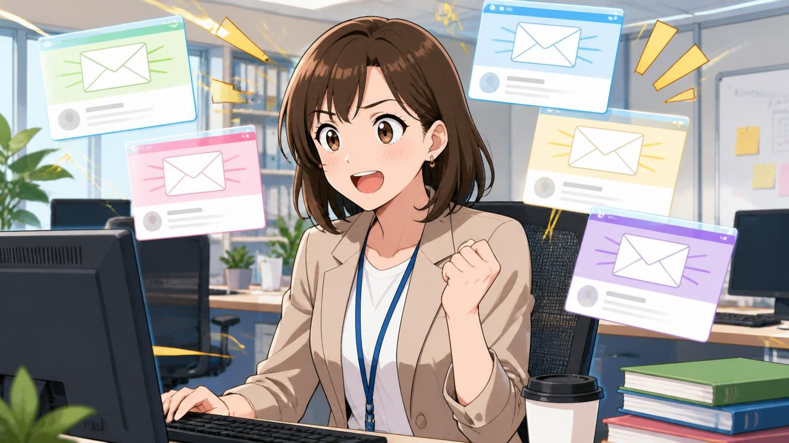 1社で落ちても、他社にあなたの席がある可能性は高い、IT企業のオフィスで、中堅エンジニア女性1人が複数社からのスカウトメールを画面に並べる