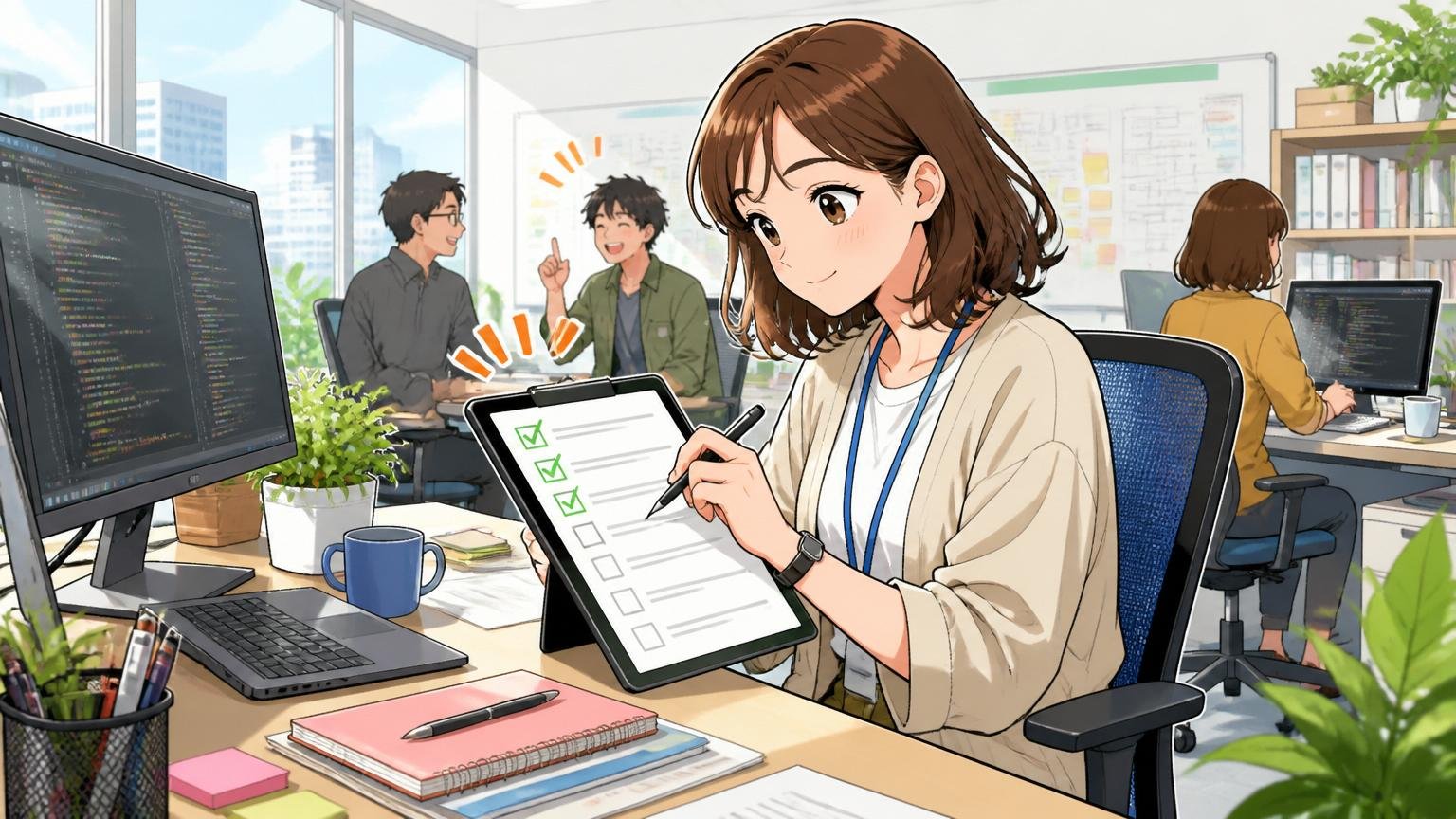 Web系スタートアップのオフィスでToDoリストにチェックを入れる30代女性エンジニア1人と整理されたデスク