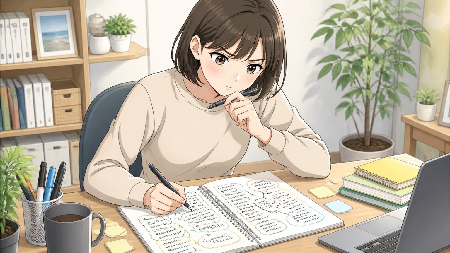 1週間以内にやること原因の言語化。自宅のデスクで30代女性1人。ノートに考えを整理して書き出す