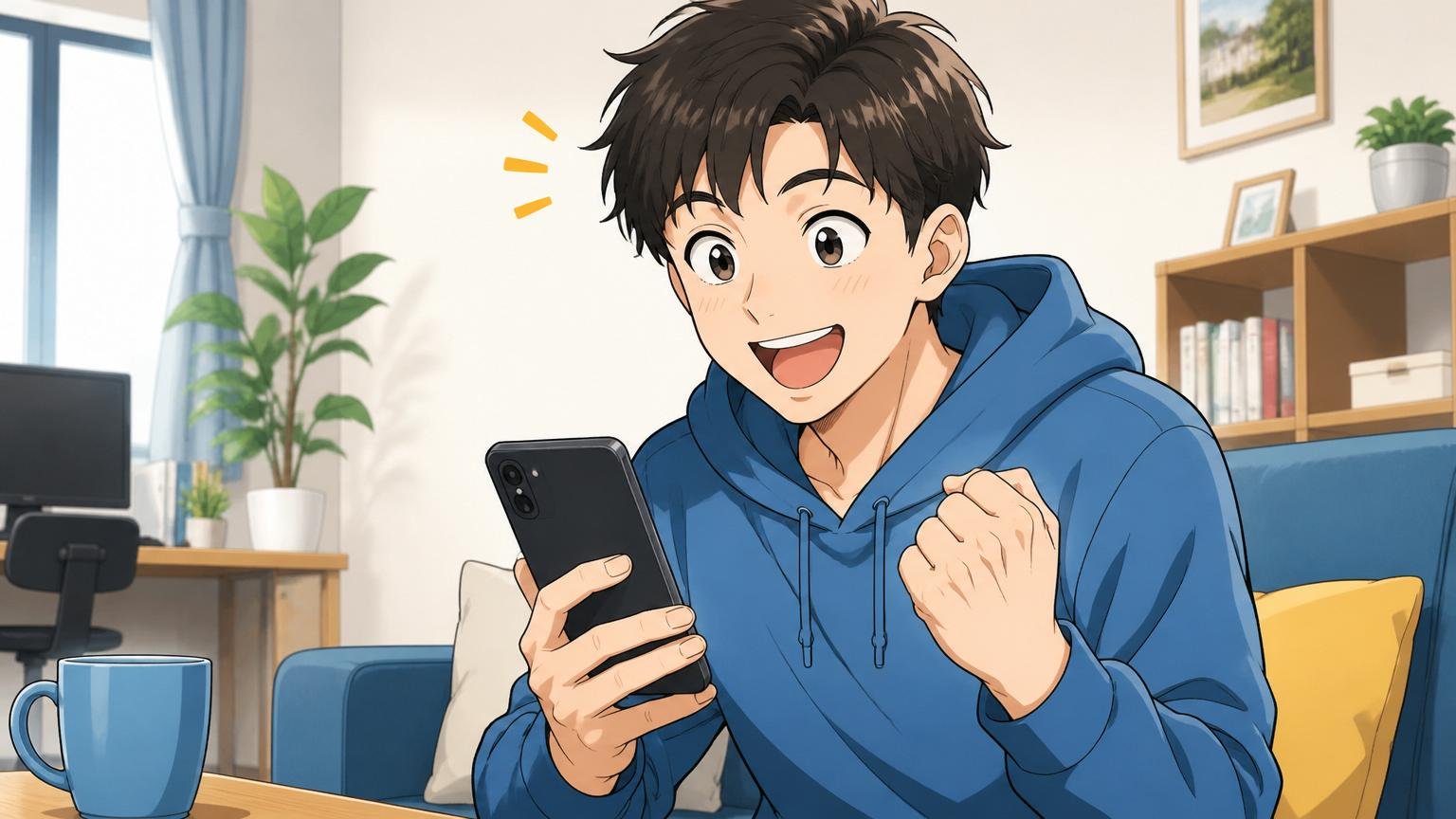 まずは無料相談で自分の市場価値を確かめよう。自宅でスマホから相談を申し込む20代エンジニア1人、明るい笑顔