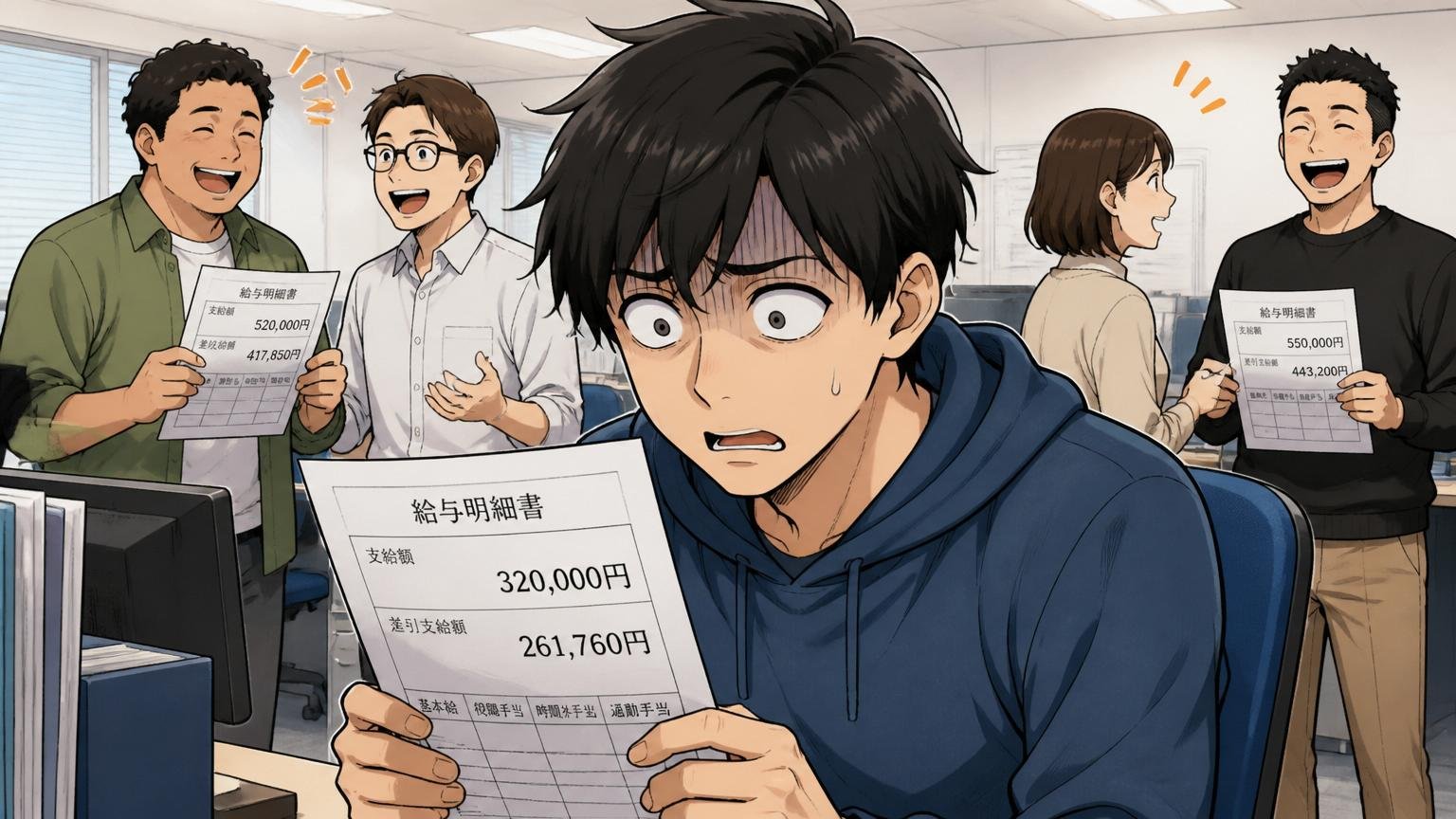 年収交渉をせずに横ばい転職をしたエンジニアが新しい職場で同年代の同僚との給与差に気づき呆然とする様子