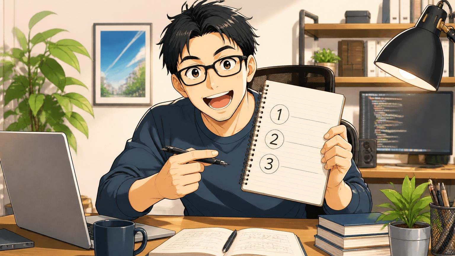 今すぐできる具体的な3ステップ。自宅のデスクで30代男性エンジニア1人が、ノートにステップを書き出して笑顔