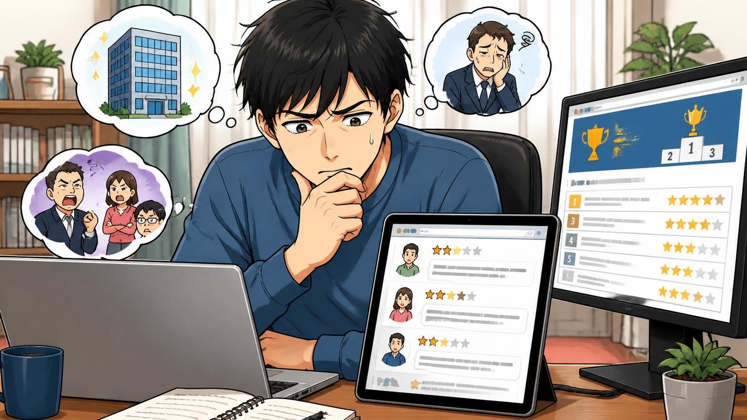 「ホワイト企業ランキング」だけで判断しないシーンで、自宅のデスクで在宅勤務中の20代男性がランキング記事と複数の口コミサイトを見比べて悩んだ表情をしている