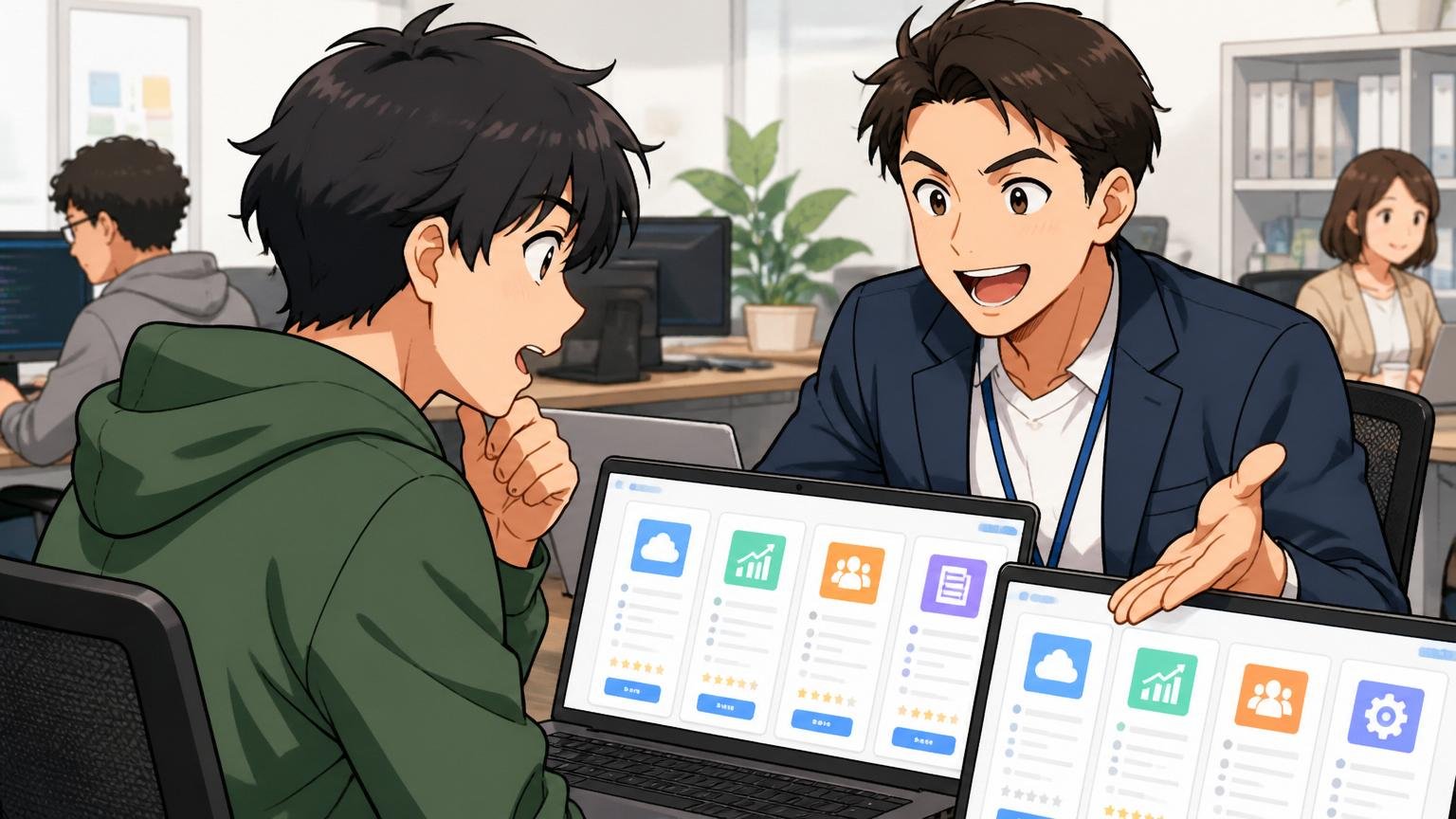 Web系オフィスでIT特化型エージェントのキャリアアドバイザーがエンジニア1人に複数のSaaS求人を提案する場面