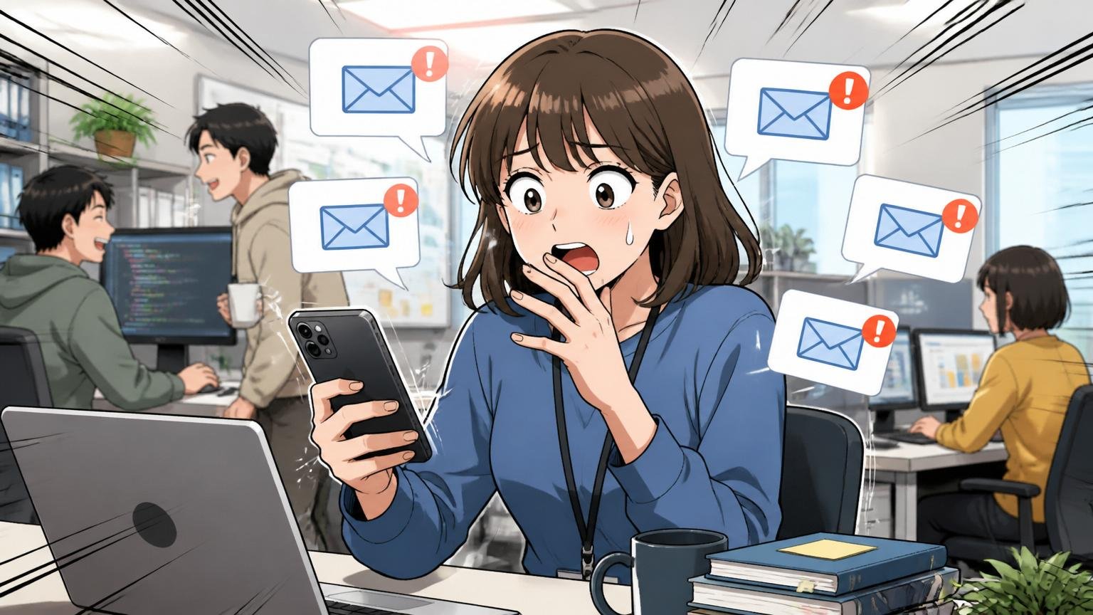 Web系スタートアップのオフィスで複数のスカウト連絡を受け取り驚く中堅エンジニア女性