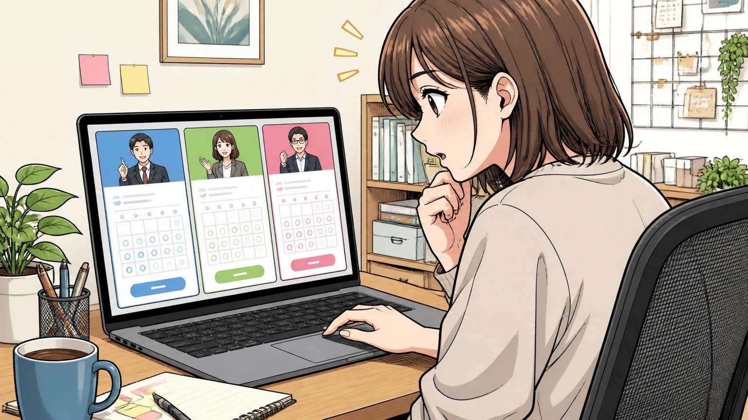 自宅のデスクで30代女性エンジニアがノートPCで3社の転職エージェントの面談予約画面を並べて確認している
