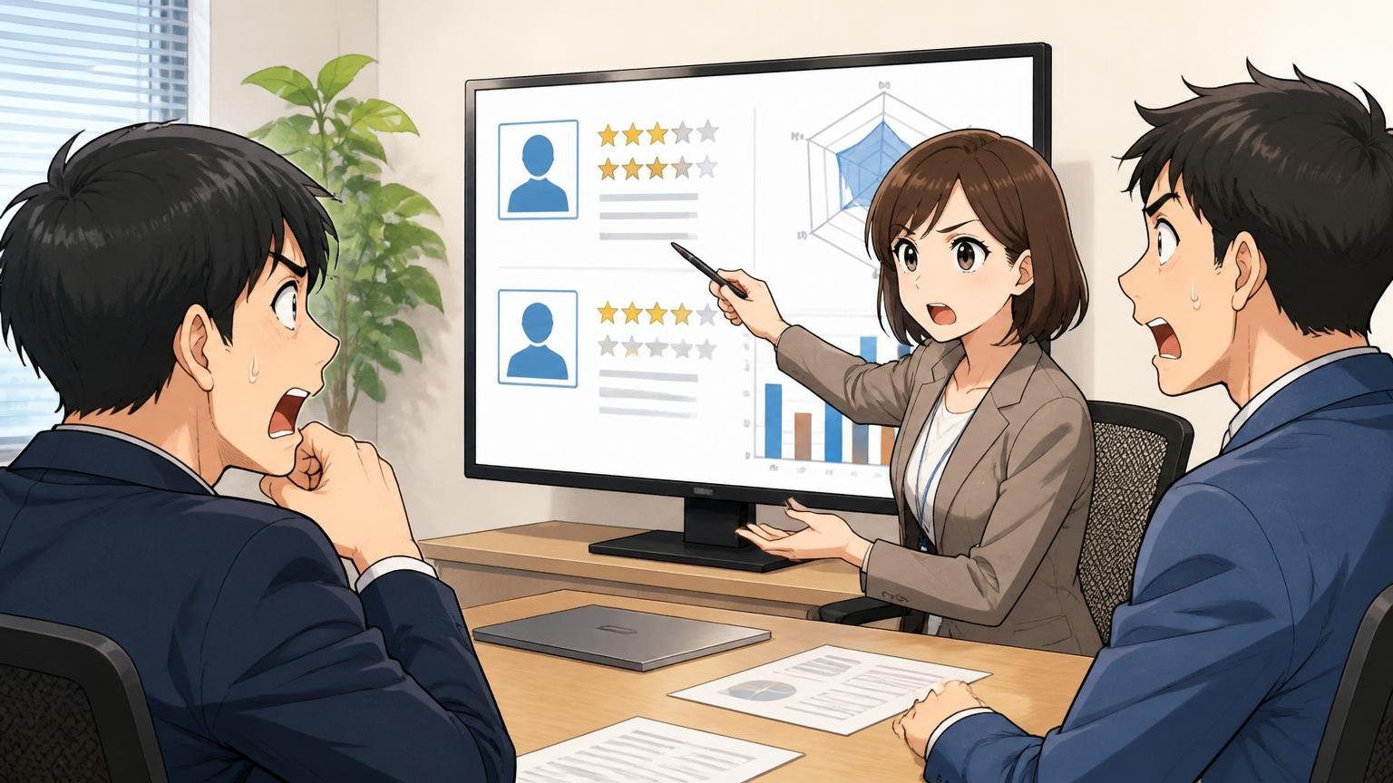 株式会社イノベーションはブラック企業ですか、企業のオフィスで30代女性人事担当が候補者2人に評価データを見せて説明する場面