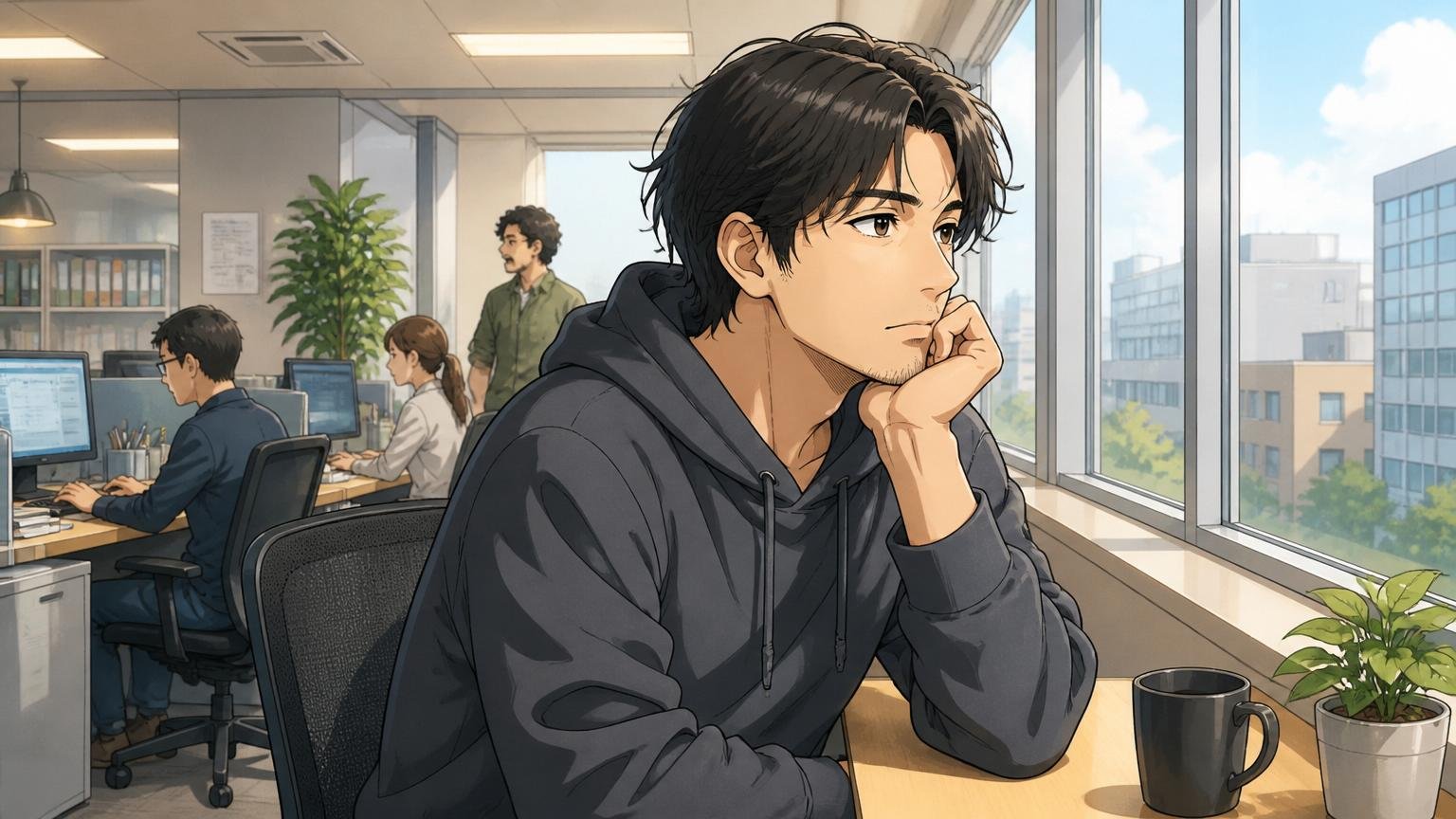 Web系広告会社のオフィスから少し離れた窓際で物思いにふける30代エンジニア男性1人