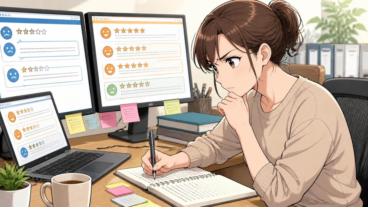 ネガティブ口コミとポジティブ口コミ両方を読む|オフィスのデスクで複数の口コミサイトを比較しながらメモを取る20代後半女性エンジニア、慎重な分析の表情