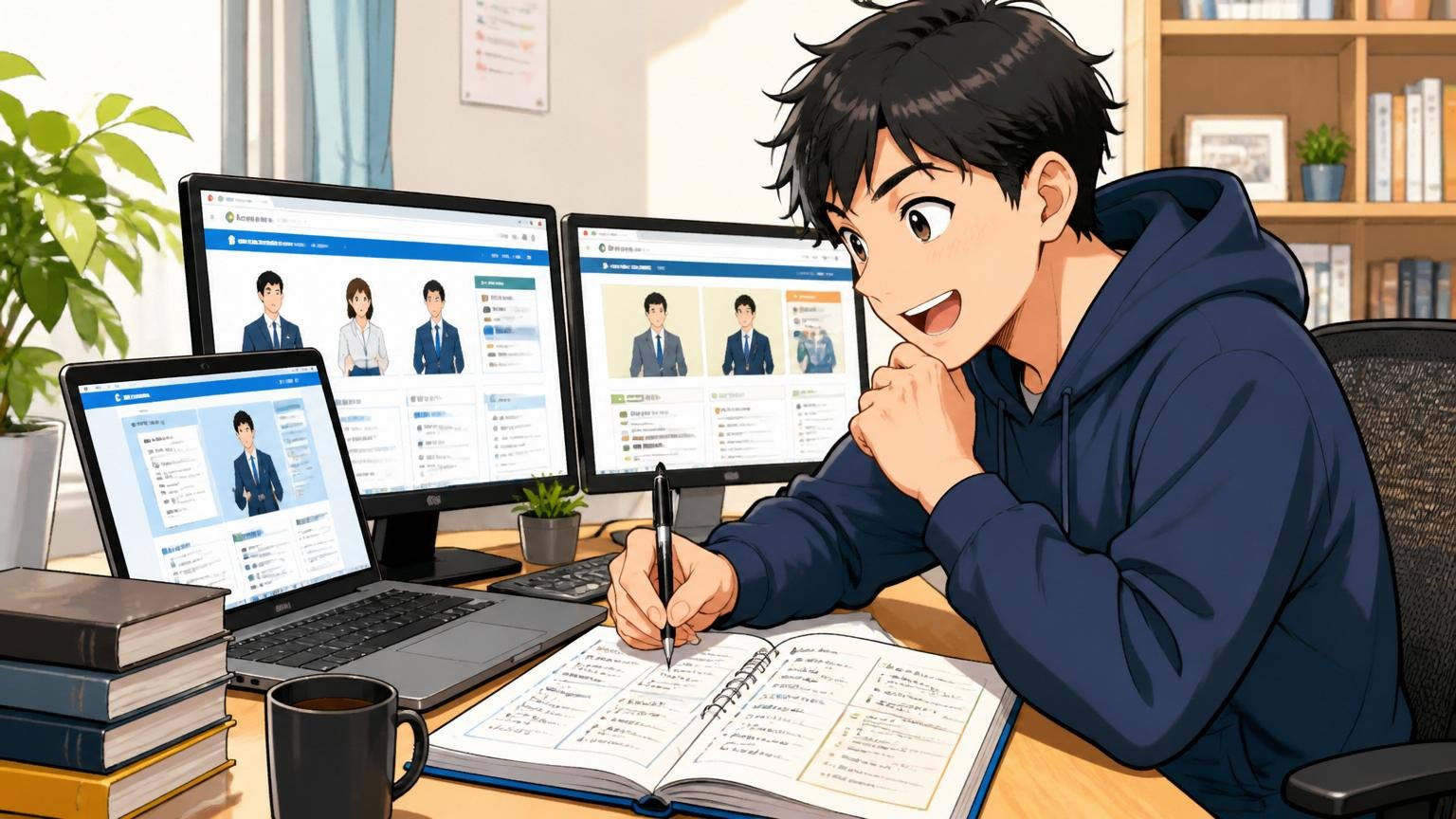 自宅のデスクで複数の転職エージェントのサイトを比較しながらノートを取る30代男性エンジニア1名が前向きな表情