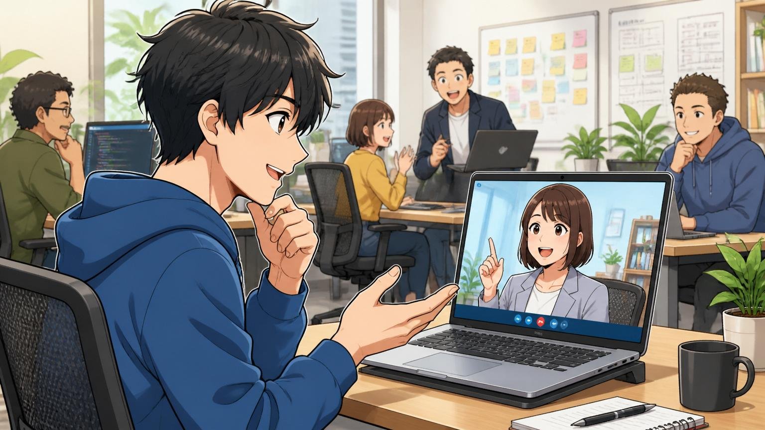 Web系スタートアップのオフィスで、30代男性エンジニアがオンライン面談越しにキャリアアドバイザーと相談している前向きな場面