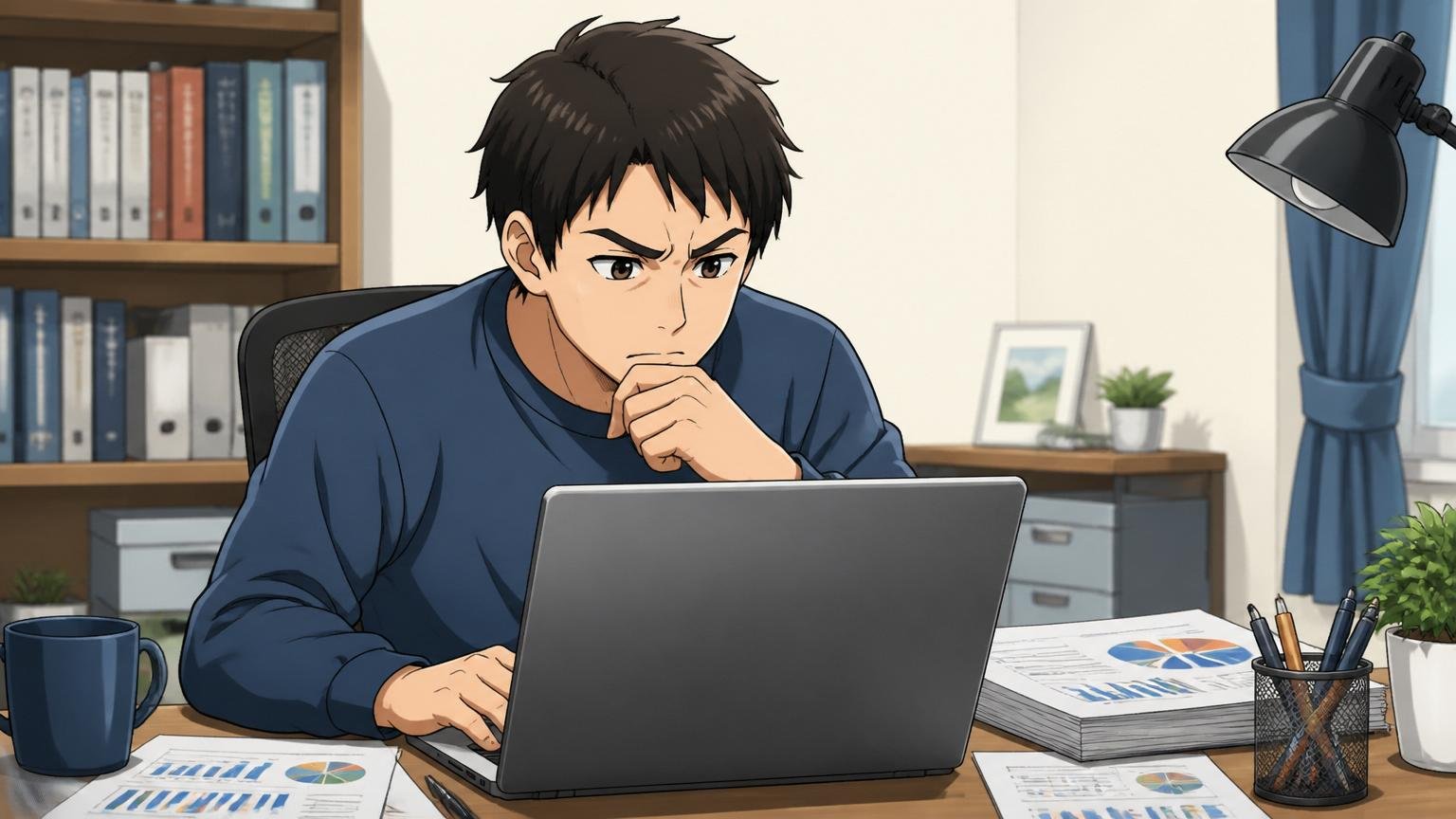 企業IR資料を確認するエンジニア、自宅のデスクで在宅勤務、1人がノートPCで開示資料を読み込む集中した表情