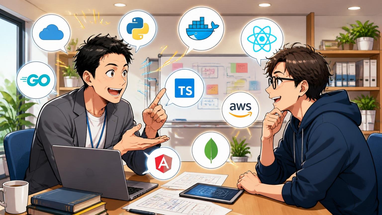 IT特化型エージェントを使うメリット。明るいエージェントオフィスのカウンセリングルームで技術スタックの話を弾ませる男性キャリアアドバイザーと30代エンジニア