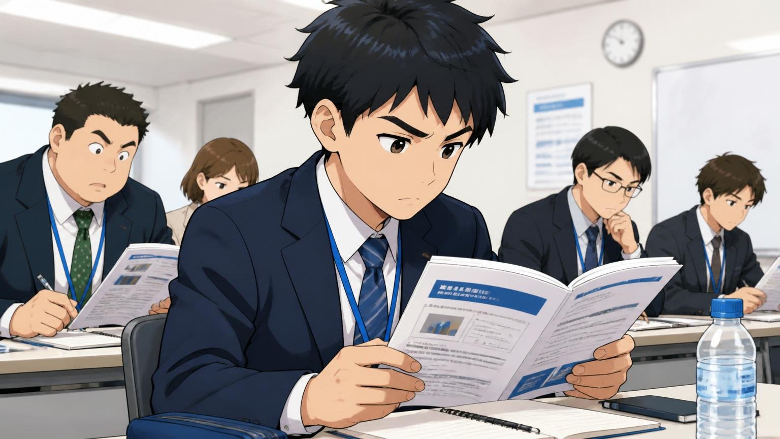 未経験から入社しても大丈夫 新人研修室で20代男性新入社員が研修資料を真剣に読む場面