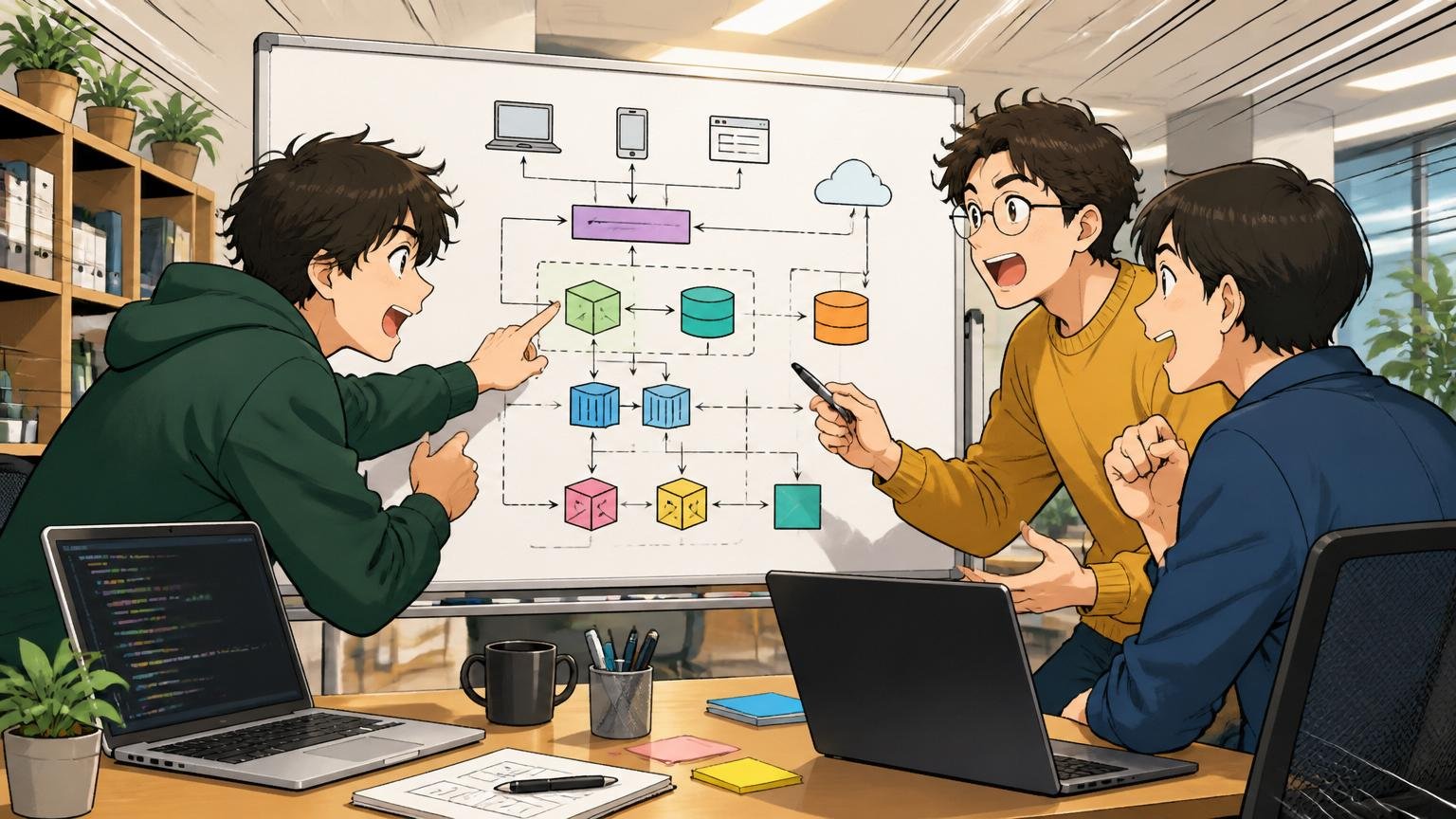 Web系スタートアップのオフィスで20代後半のエンジニア3人がモダンな技術スタックの図を前に活発に議論している