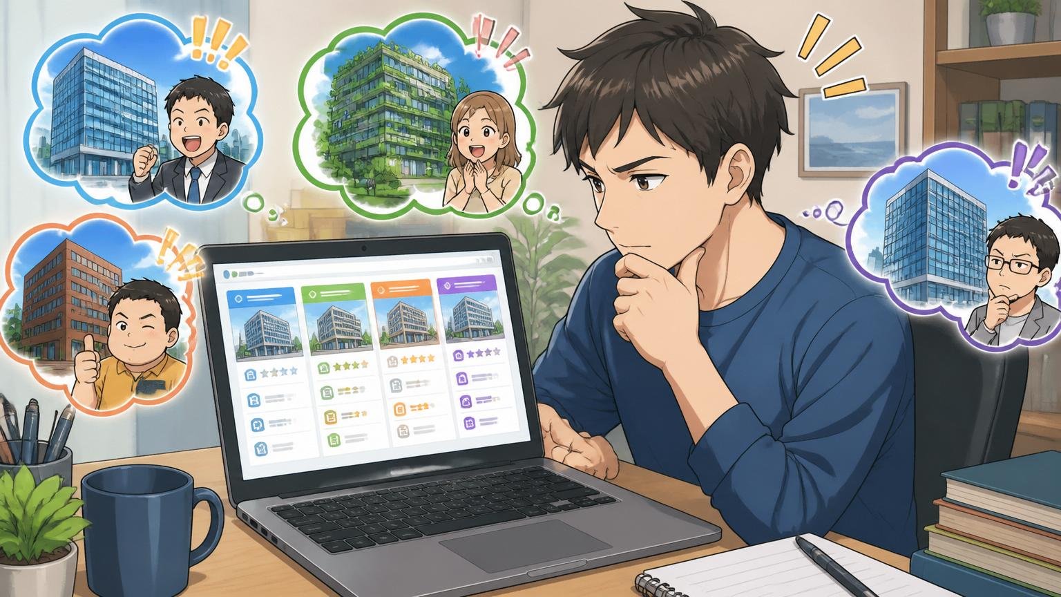 複数社の求人を並べて条件を比較する、自宅のデスクでノートPCを開く中堅エンジニア1人