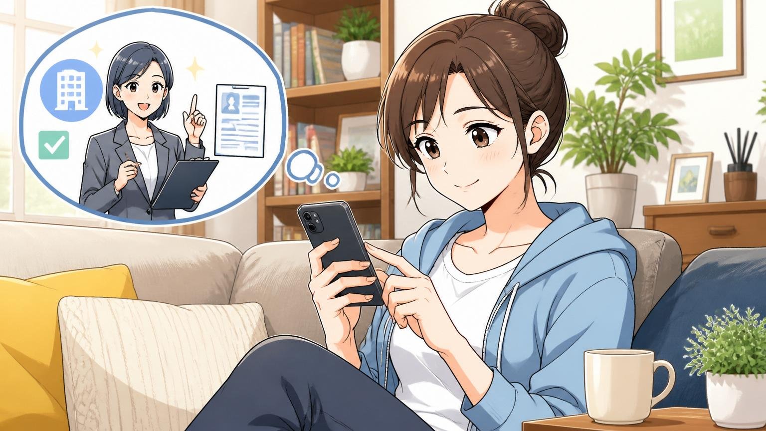 自宅のソファでスマートフォンを操作しながら転職エージェント登録を進める30代女性エンジニア、穏やかな表情