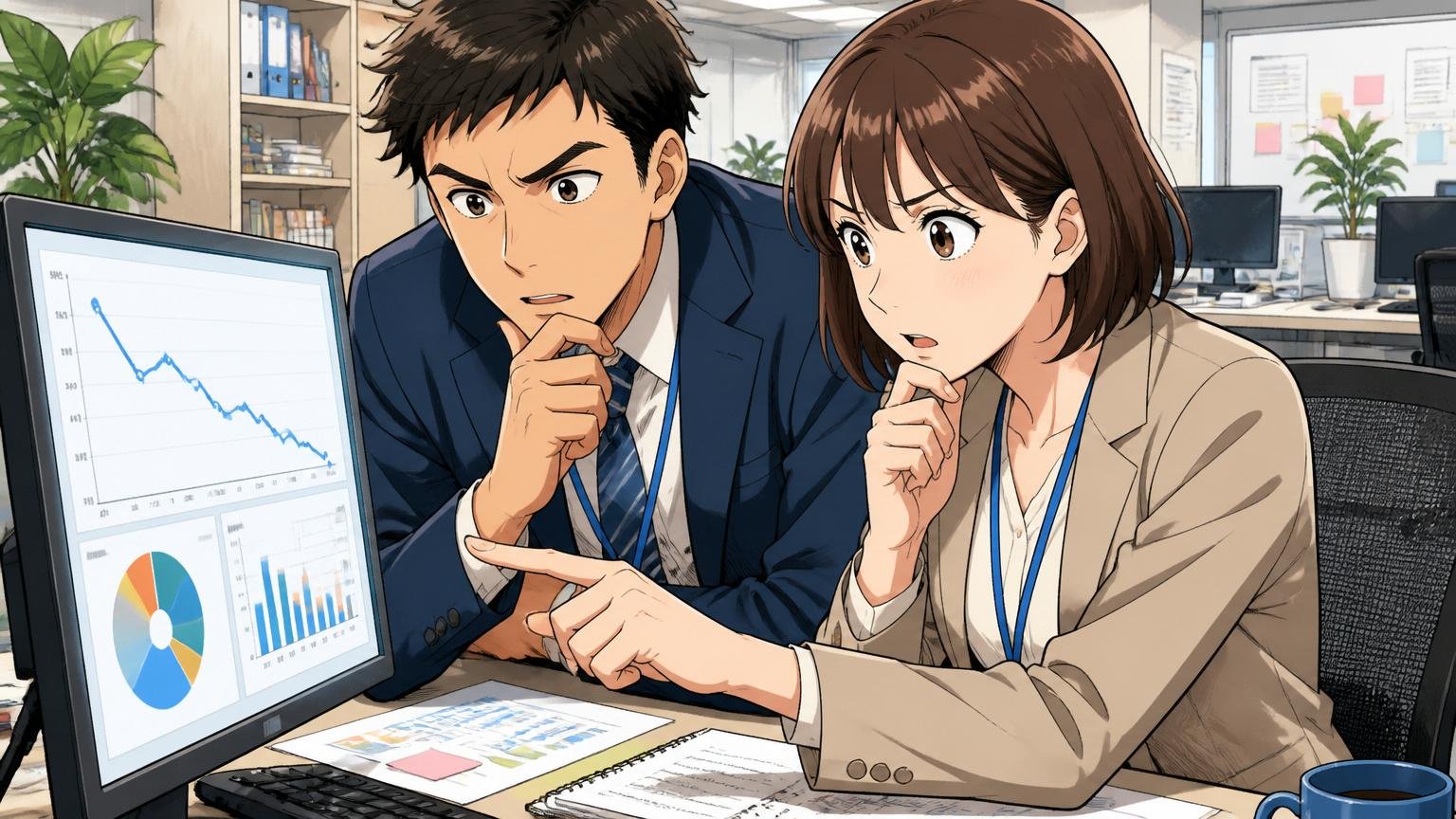Web系企業のオフィスで離職率データのグラフを真剣に分析する人事風の男性と女性