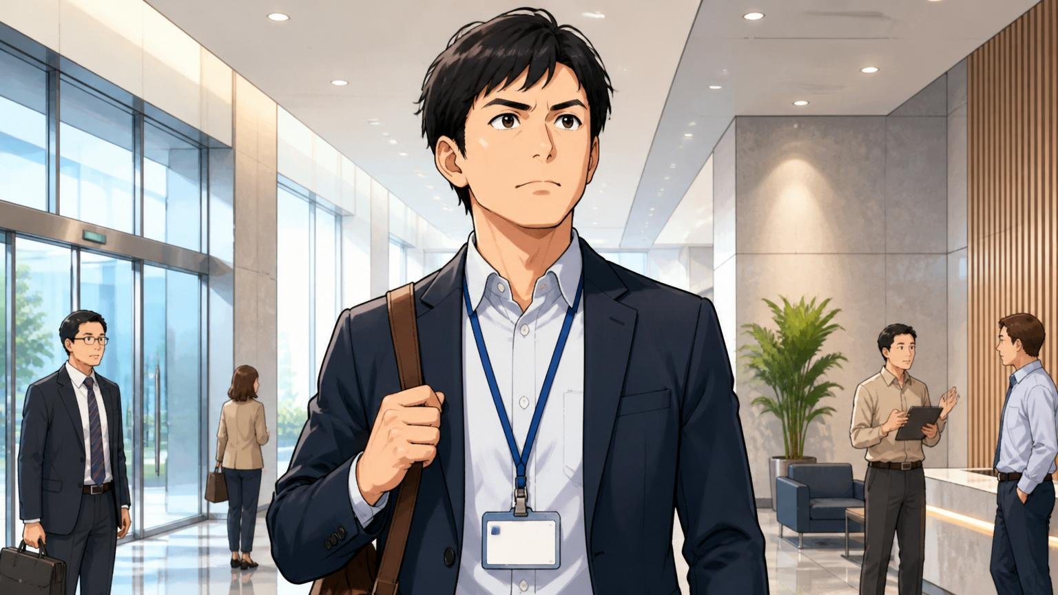 中途でSCSKに入るのはもう古い？。大手SIerのオフィスエントランスで中途入社の30代男性エンジニア1名がIDカードを首にかけて新環境に踏み出す決意の表情