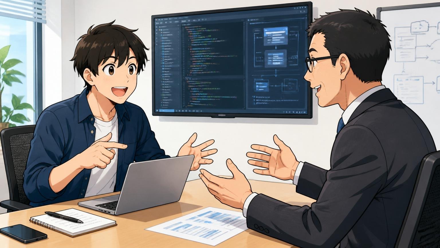 企業の会議室でIT特化型エージェントの担当者と笑顔で打ち合わせする30代エンジニア