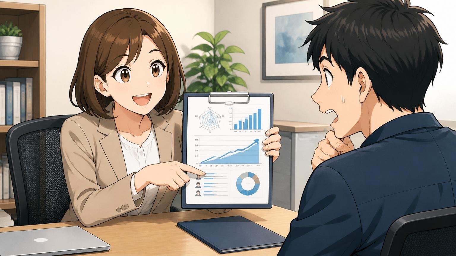 都内のIT特化型エージェントのカウンセリングルームで30代女性アドバイザーが30代男性エンジニアに市場価値レポートを提示