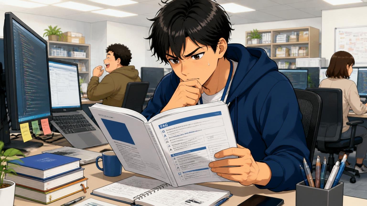 Web系IT企業のオフィスで30代エンジニアがFAQ資料を真剣に読み込むシーン