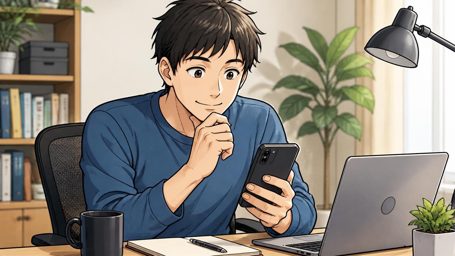今すぐ転職しなくていい情報収集だけ先に、自宅のデスクでスマホで転職サイトに登録する30代男性1人